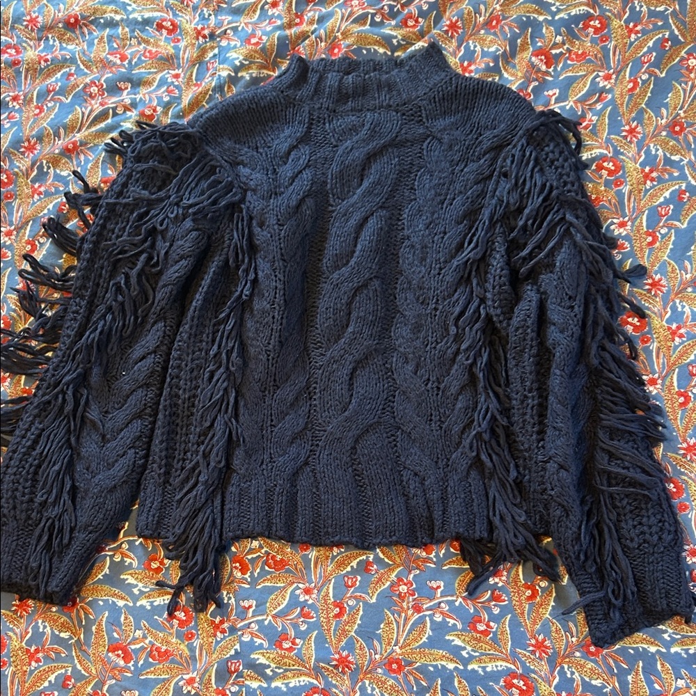525 America Navy Cable Knit Fringe Sweater